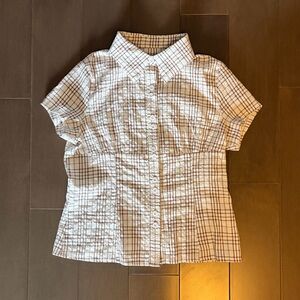 Brown and White Plaid Button Up Blouse